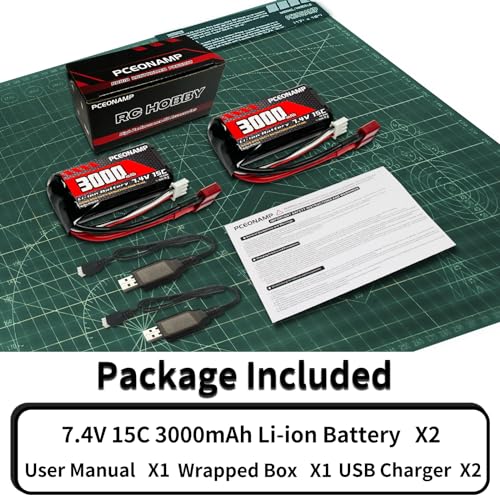 2S 7.4V 3000mAh 15C Rechargeable Li-ion Battery, T-Plug | Fits 1/12 1/16 1/18 4WD RC Car (70x38x18mm). 2 charge cables. Lightweight Li-ion, 40+ min runtime. UN38.3 & UL2054 certified.