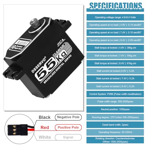 55kg RC Digital Servo with 2PCS 25T Servo Horn All Metal IP67 Waterproof Brushless Servo High Torque Fast Steering Servo for 1/8 1/10 1/12 RC Car, 270° - size: 55kg, 270°