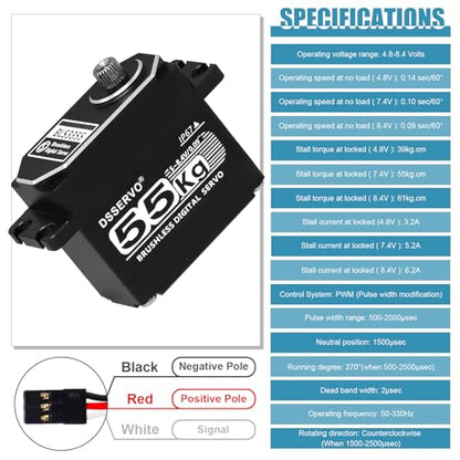 55kg RC Digital Servo with 2PCS 25T Servo Horn All Metal IP67 Waterproof Brushless Servo High Torque Fast Steering Servo for 1/8 1/10 1/12 RC Car, 270° - size: 55kg, 270°