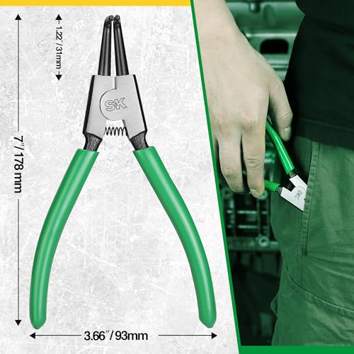 SK 7-Inch Snap Ring Pliers, External Circlip Pliers with 90-Degree Bent Jaw | Tip Diameter 0.07'', Premium CR-V Steel, Polished & Black Finished Tip, Spring-Loaded, Anti-Slip Grip - style: External Bent