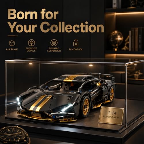 RC Car Building Kit, 1:14 App Control Car Kit with LEDs | car kit with 790+ pieces, opening doors, LED lights, app control, and responsive driving; built for solo projects. - color: Black and Gold