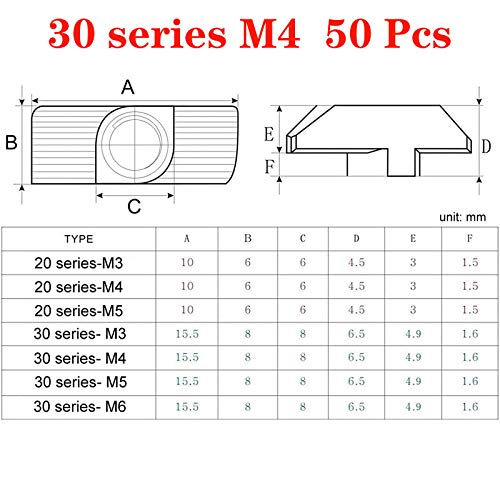 50pcs 3030 Series M4 Thread T Nuts Hammer Head Fastener Nut Sliding T-Nut,Nickel Plated Carbon Steel Nut for 30 Series Aluminum Extrusion Profile T Slot 8mm (3030 Series M4) - size: 3030 Series M4