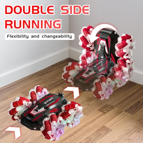 Gesture Sensing RC Stunt Car,360°Flip Double-Sided RC car Toys | 4WD stunt car supports 360° rotating & double-sided driving. Cool lighting and music, RC car toys gift for boys aged 6-12 - color: Light Red