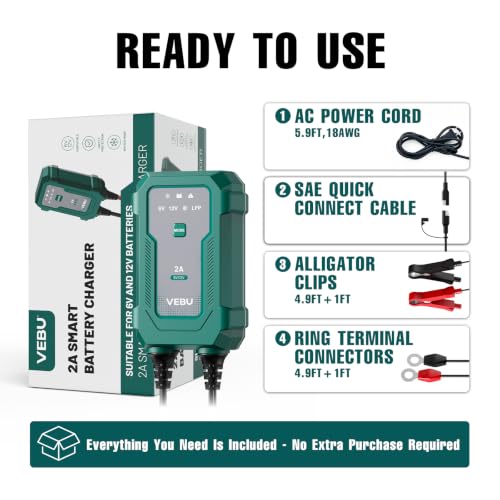 Smart 2A 6V/12V Battery Charger Maintainer - Auto Desulfator & Winter Mode for Deeply Discharged Lead-Acid & LiFePO4 Batteries - Perfect for Motorcycle, Car, Boat, RV, ATV - size: 2A
