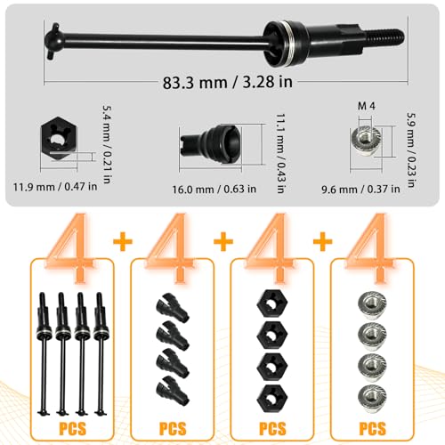 Hardened Steel CVD Driveshaft Front Rear with Hexs, Nuts, Drive Center Cup, Drivershaft Dogbone CVD Compatible with ARRMA 1/18 Mojave Granite GROM ARA2102, Replace #ARA311198 (Black,Black) - color: Black-black