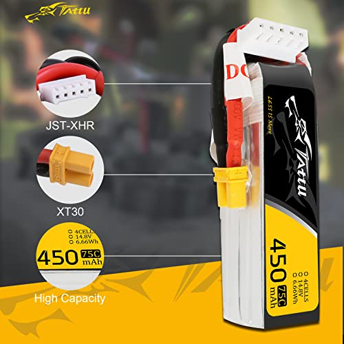 Gens ace Tattu 4S Lipo Battery 14.8V 450mah 75C Lipo Battery XT30 Plug for H Frame Mini RC Racing Drone FPV