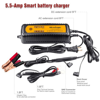 Smart Battery Charger, Mroinge 5.5A 6V/12V Automatic Battery Charger/Maintainer for Cars, Motorcycles, SUVs, Trucks and More, Suitable for Charging Lead-Acid & Lithium (LiFePO4) Batteries