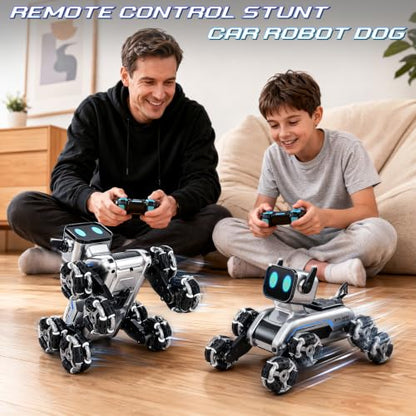 8WD RC Stunt Robot Dog, Gesture Sensing 2.4Ghz Remote Control Toy | 8 Wheeled RC stunt robot dog with gesture sensing & remote control, LED eyes and music, rechargeable toy for Kids 6-12