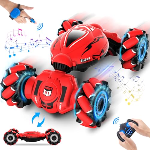 Fosgoit RC Car Toys for Boys Girls 6-12, Birthday Xmas Gifts for 6 7 8 9 10 11 12 Years Old, Gesture Sensing RC Stunt Car with Lights Music 2.4GHz 4WD Hand Remote Control 360° Rotate All-Round Drift - color: Red-black