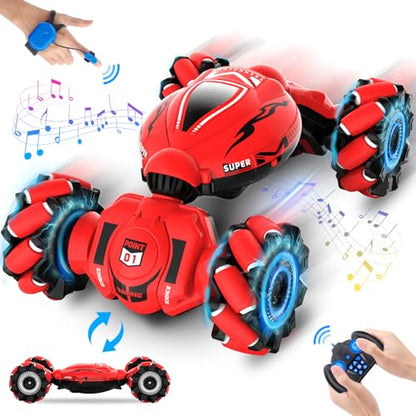 Fosgoit RC Car Toys for Boys Girls 6-12, Birthday Xmas Gifts for 6 7 8 9 10 11 12 Years Old, Gesture Sensing RC Stunt Car with Lights Music 2.4GHz 4WD Hand Remote Control 360° Rotate All-Round Drift - color: Red-black