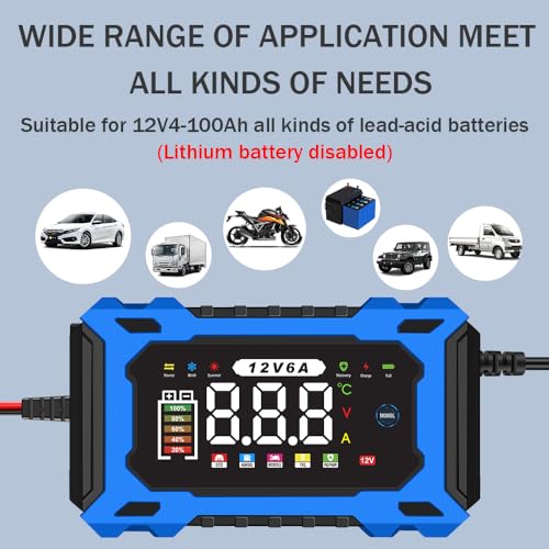 6A 12V Smart Battery Charger Maintainer (Blue) | 6A Smart Charger Maintainer, Pulse Desulfator, Trickle Tender, Overcharge Safe, AGM/GEL/SLA, for Car/Marine/Lawn Mower/ATV - color: Blue
