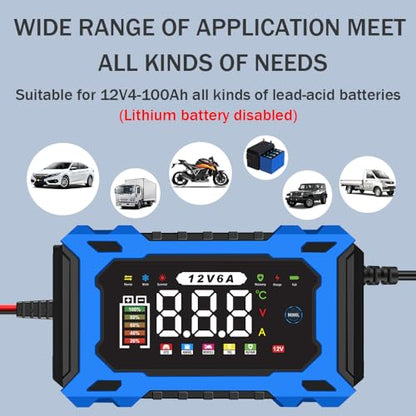 6A 12V Smart Battery Charger Maintainer (Blue) | 6A Smart Charger Maintainer, Pulse Desulfator, Trickle Tender, Overcharge Safe, AGM/GEL/SLA, for Car/Marine/Lawn Mower/ATV - color: Blue