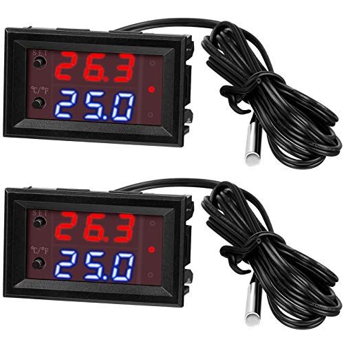 Weewooday 2 Pcs 12v Electronic Temperature Controller Programmable -50 to 110°C Heating/Cooling Thermostat Control Switch Module Ntc Waterproof Sensor Probe Dual Color LED Display Monitor