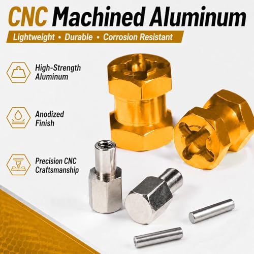 4PCS 12mm Hex Hub 15mm Aluminum Extension Hex for Axial SCX10 D90 90046 | 15mm CNC Wheel Hex Extenders for 1/10 RC Crawlers Redcat Gen7/Gen8 CC01 RC4WD Wider Stance & Tire Clearance with M4 Nuts Pins - color: Gold