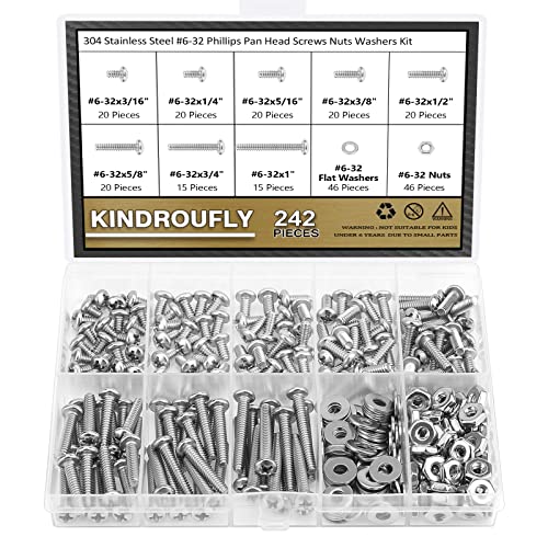 242 Pieces #6-32x 3/16", 1/4", 5/16", 3/8", 1/2", 5/8", 3/4", 1", Phillips Pan Head Machine Screws Nuts Washers Assortment Kit, 304 Stainless Steel, Fully Machine Thread - size: #6-32