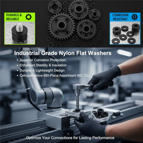 880 Pcs Nylon Flat Washer Assortment Kit | Black Insulating Spacers & Seals for Plumbing, Electrical & Machinery (M2 to M12), Organized in Storage Box