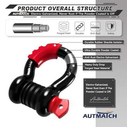 AUTMATCH 3/4" D Ring Shackles (2-Pack) - 41,887 lbs Break Strength | Clevis Shackle with 7/8" Pin & Isolator Washer Kit for Tow Strap, Winch, Towing & Off-Road Vehicle Recovery, Black & Red - color: Black & Red
