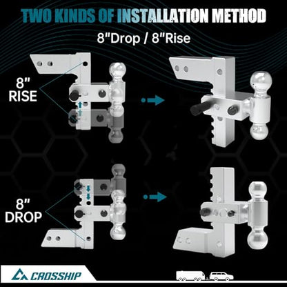 Adjustable Trailer Hitch - Heavy Duty Aluminum Drop Drawbar Hitch - Fits 2.5" Receiver, 8" Drop/Rise with 2" & 2-5/16" Solid Dual Balls 18,500 LBS GTW- for Truck, SUV, RV - color: Silver, size: 2.5" 8 Drop-Dual Ball