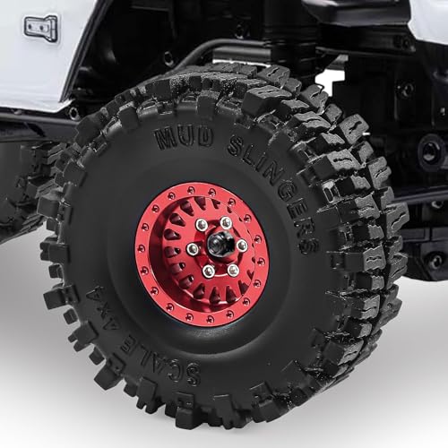 1.0" Aluminium Beadlock Wheels and Tires 64x23mm for 1/24 Axial SCX24, 1/18 TRX4M RC Crawler – Upgrade Parts (Red, 4pcs) - color: Red