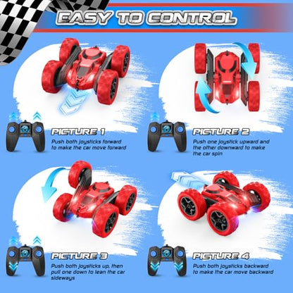 cosone Remote Control Car for Boys - Car Toy for Kids Age 6 7 8 9, 4WD 2.4Ghz Double Sided 360° Rotating RC Cars with Headlights, Christmas Birthday for Boys and Girls - Red - color: Red