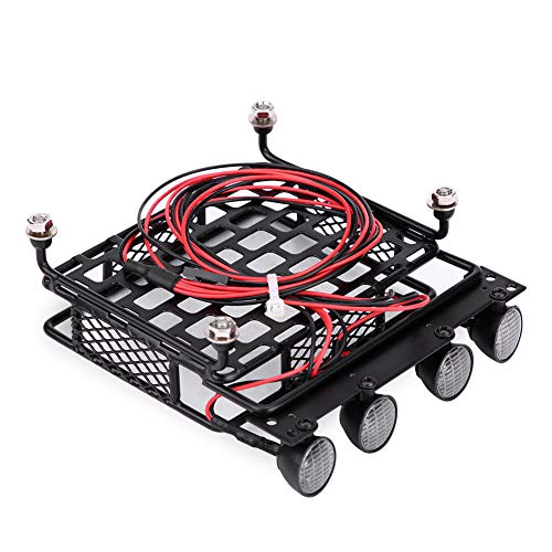 Small Size Roof Rack Luggage Carrier with 4 LED Lights, Lightweight, Compatible with Axial SCX10 1/10 RC Crawler Car (4 White) 1/10 Rc Roof Rack