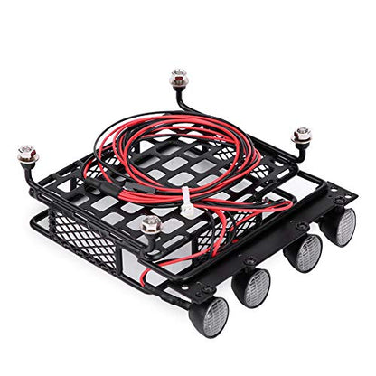 Small Size Roof Rack Luggage Carrier with 4 LED Lights, Lightweight, Compatible with Axial SCX10 1/10 RC Crawler Car (4 White) 1/10 Rc Roof Rack