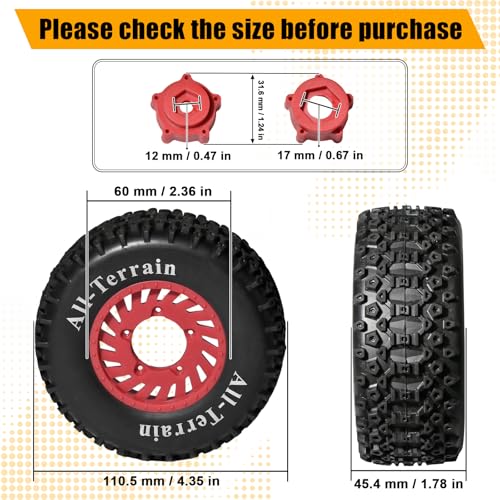 1/10 RC Short Course Truck Wheel Tires Set- 12mm/17mm Hex, Red | All-Terrain Tires and Nylon Wheels Compatible with 1/10 Traxxas Slash 4WD 2WD Arrma Senton Axial Losi Redcat RC Buggy, 4-Pack - color: Red