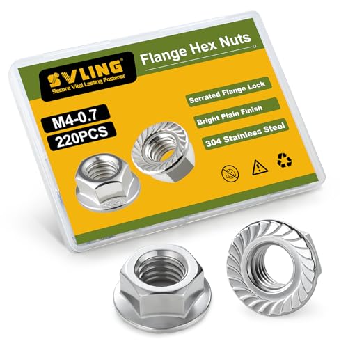M4 Flange Nuts 220Pcs, Metric M4-0.7mm Serrated Flange Hex Nuts 304 Stainless Steel 18-8, Bright Plain Finish - size: M4-0.7