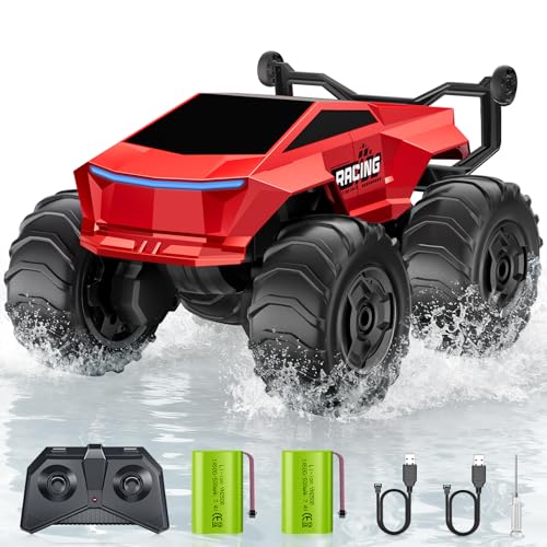 Remote Control Car RC Truck 1:16 Plus, 4WD Waterproof Amphibious RC Car All Terrain Pickup,2.4GHz Remote Monster Truck with 360° Rotating Standing Stunt Toy Car for Kids Boy Girl 4-7 8-12 Ages,Red - color: Red
