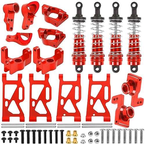 ShareGoo Aluminum Front Rear Swing Arm & Steering Knuckle Kit & Shock Absorbers Compatible with WLtoys 144010 144001 144002 1/14 RC Car (Red) - color: Red