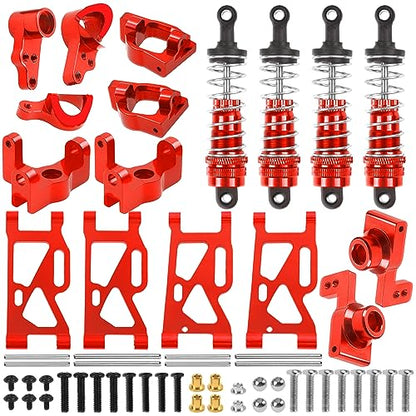 ShareGoo Aluminum Front Rear Swing Arm & Steering Knuckle Kit & Shock Absorbers Compatible with WLtoys 144010 144001 144002 1/14 RC Car (Red) - color: Red