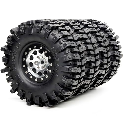 120mm Tall 1.9 Mud Slingers T8 Tires Tyres Mounted on Aluminum 1.9 Beadlock Wheels for 1/10 RC TRX4 SCX10 Gen8 Upgrades, (4-Pack, HS700570) - color: Silver & Black