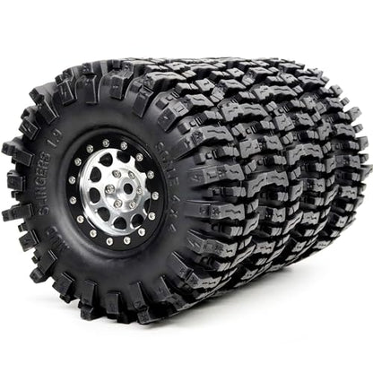 120mm Tall 1.9 Mud Slingers T8 Tires Tyres Mounted on Aluminum 1.9 Beadlock Wheels for 1/10 RC TRX4 SCX10 Gen8 Upgrades, (4-Pack, HS700570) - color: Silver & Black