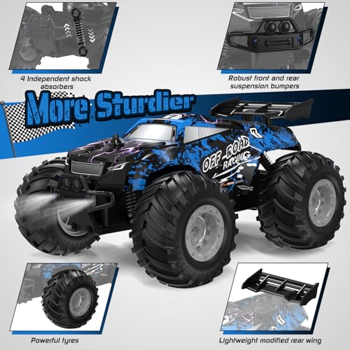 All-Terrain Remote Control Car for Boys Christmas Kids Rechargeable | Monster Rc Truck with LED, 1:20 10KM/H, 2 Motors, 2.4GHZ, Speed Friendly, Sturdy Rc Cars for Christmas Kids 6+, Beginner - color: Blue