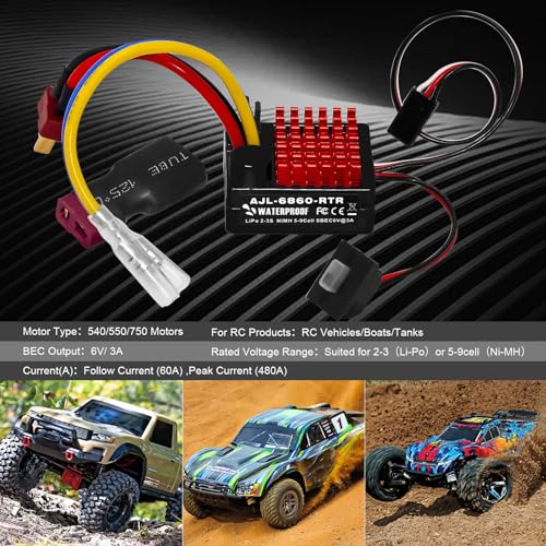 GOUPRC 60A Brushed ESC Electronic Speed Controller Waterproof for 1/10 RC Car RCBoat for use with 540/550 Motors (Black) - style: Black