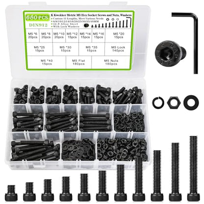 680PCS M5 Nuts and Bolts Assortment Kit 6mm-40mm, 11 Length Hex Socket Head Cap Machine Screws 12.9 Alloy Steel M5 Screw Assortment, Bolts and Nuts Kit Black 6/8/10/12/14/16/20/25/30/35/40MM - size: D. M5