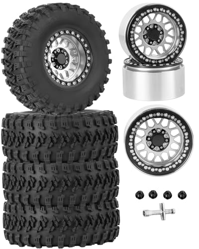 RC 2.2 Beadlock Tires Set 2.2" Wheels and Tires for 1/10 RC Crawler SCX10 AMG 6X6 TRX4 Gen8 Gen7 Pro,Alloy 2.2 RC Rims Rubber Tires,Silver - color: Silver(4pcs)