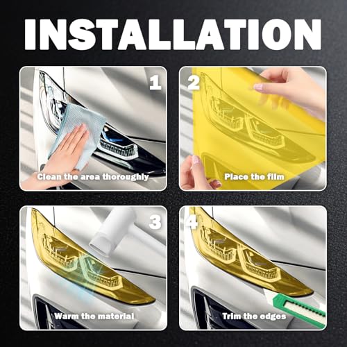 12×47" Car Headlight Tint Film,Self Adhesive Taillight Tint Film for Headlights/Fog Lights/Tail Lights,Waterproof Non-Marking Tail Light Tints Films Kit with Squeegee & Cutter (Yellow) - color: Yellow