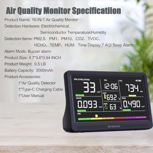 Professional Indoor Air Quality Monitor with 7X AQI Beep Alarms,16 in 1 Portable Real-Time Detector for PM2.5 | PM10 | CO2 | TVOC | HCHO | Temp | Hum for Home Cars Plants Pets (Smoke Black)