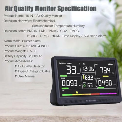 Professional Indoor Air Quality Monitor with 7X AQI Beep Alarms,16 in 1 Portable Real-Time Detector for PM2.5 | PM10 | CO2 | TVOC | HCHO | Temp | Hum for Home Cars Plants Pets (Smoke Black)