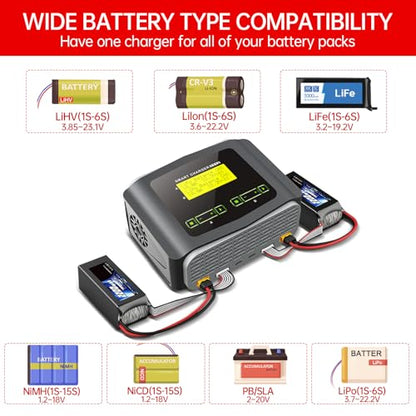 LiPo Battery Charger Dual RC Charger Discharger 10A Fast Balance Battery Charger for 1-6S LiPo LiHV Li-ion Life 1-15S NiMH NiCD PB Smart Battery RC Car Drone, Large Screen