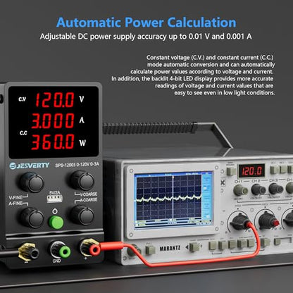 DC Power Supply Variable, 0-120V 0-3A Adjustable Switching DC Regulated Bench Power Supply with High Precision 4-Digit LED Display, 5V/2A USB Port, Coarse and Fine Adjustment SPS-12003 - color: SPS(Red LED), size: 120V 3A