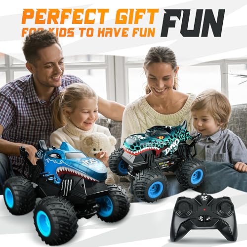 BEZGAR Monster Truck Toys, 1:20 Remote Control Car with Two Shell | Blue Dinosaur Toys, RC Truck with 360° Spins and Drifting, Toy Car Gifts for Boys with Light and Music, 20 Mins Battery Life - color: Two Shells