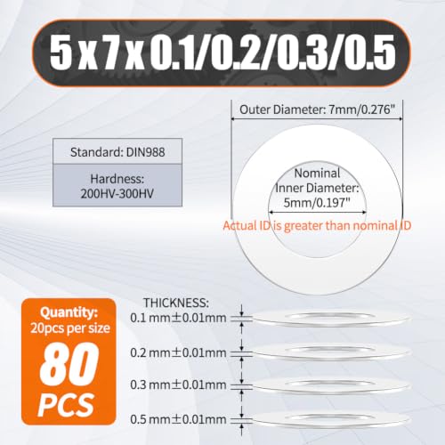 Shim Washer 5 x 7 Precision Spacers Kit 20 Units x0.1/0.2/0.3/0.5mm 304 SS | 80 Pcs 0.1-0.5mm Thick 304 Stainless Steel Flat Shim for Bearings Gearboxes CNC & RC Tuning, DIN 988 - size: 5 x 7 x 0.1/0.2/0.3/0.5mm
