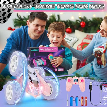 cosone Pink Purple RC Stunt Car for Kids | 360° Rotating Spins, Double-Sided Driving, LED Lights, 2.4GHz Racing Toy, Ages 4-8 8-12 - color: Purple&pink