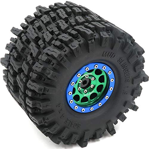 Soft Sticky 1.9 Mud Slingers Tires T8 Tyre 120mm/4.72inch & 1.9 Beadlock Wheels Green Blue Color For 1/10 Rock Crawler Traxxas TRX4 Axial SCX10 Redcat Gen8, (4-Pack) - color: Green & Blue