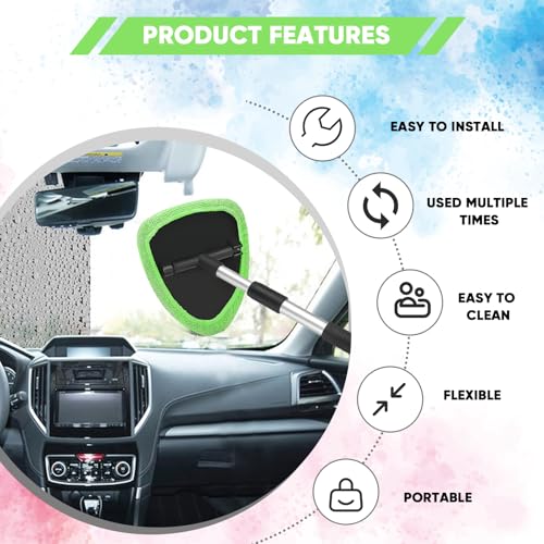 Windshield Cleaning Tool, Car Window Cleaner with Extendable Handle, 4 Microfiber Pads and Spray Bottle, Auto Interior Exterior Glass Wiper Cleaning Kit Universal for RV, SUV, Truck (Green) - color: Green