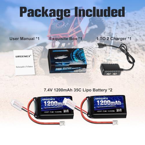 SCX24 Battery 7.4V Lipos 2S 35C(Burst 70C) 1200mAh Rechargeable Lithium Battery with PH2.0 Plug Compatible with Most 1/10, 1/16, 1/18, 1/24 Scale RC Cars Trucks with 1TO2 USB Charger