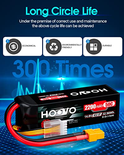 HOOVO 4S 14.8V 2200mAh 50C Lipo Battery Pack with XT60 Connector 2 Packs | for Popular RC Car RC Helicopter Airplane Quadcopter UAV Drone FPV