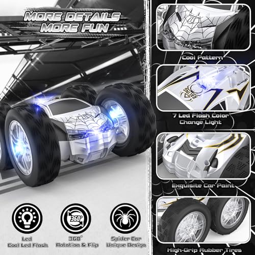 Double Sided Remote Control Car for Kids Boys 4-7, Spider RC Flip Stunt Car with Changeable Lights, Easter Birthday Gift for 3 4 5 6 7 8 9 Year Old Girl Cool Stuff Race Car Carros Para Niños 3+ Años - color: Silver